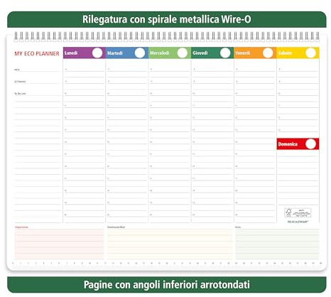 Planner Settimanale da Tavolo Perpetuo (date da scrivere) SPIRALATO ed ECOLOGICO Certificato FSC® Mix Credit - Pagine ANTIORECCHIE - 60 FOGLI - Planning per Ufficio Casa Scuola - cm 42x30-1 Pz