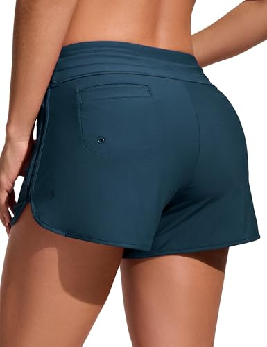 CRZ YOGA Damen Badeshorts Schnell Trocknend Schwimmshorts Sommer Boardshorts mit Seitlichem Split Abzeichen Blau 40