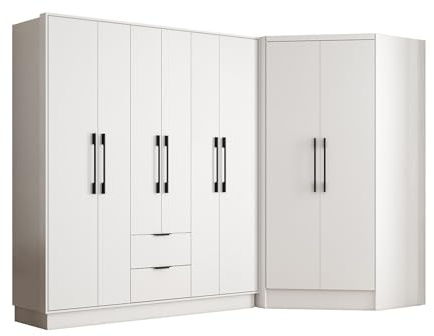 Vente-unique - Armoire d'angle 8 Portes et 2 tiroirs - L263 cm - Blanc - FEOVA