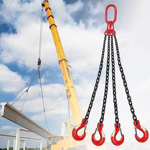 Chain Sling with Hooks 5/16'' X 10 Ft, Lifting Chains 4 Leg for Engine Hoist Lifting 3 Ton Capacity, G80 Alloy Steel Lifting Sling Chains with Standard Marking for Towing and Handling