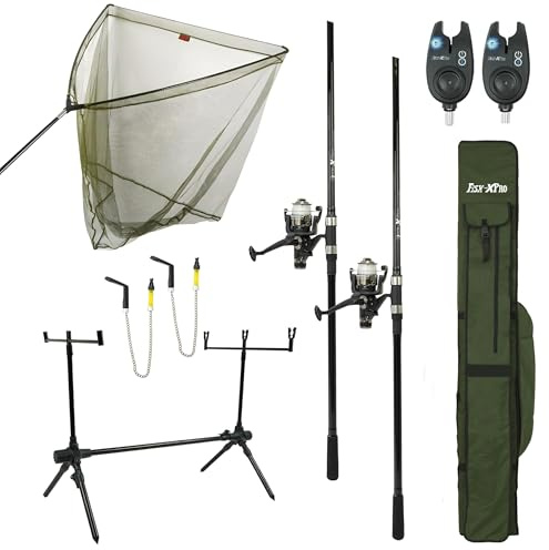 FISH-XPRO Karpfen Set Deluxe 2-Rod - Das umfassendste Angelset - Karpfenrutenset Schwarz - Bissanzeiger - Swinger - Rodpod - Hintere Stützen - Fehler- 42 Zoll Kescher - Alles was Sie Brauchen!