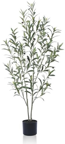 SOGUYI Olivenbaum Künstlich, 120cm Kunstpflanze Olivenbaum mit Naturholzstamm und lebensechten Früchten für die Heim- und Bürodekoration – Große Künstliche Pflanzen für den Innenbereich, 1 Packung