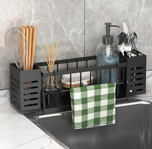 Spülbecken Organizer Kitchen Schwammhalter - Spüle organizer mit Spültuchhalter und Aufbewahrungsbox, Metall Sink Organizer mit Automatisch Abflusspfanne, Kann an die Wand Gehängt Werden(Schwarz)