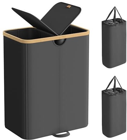 SONGMICS Panier à Linge à 2 Compartiments, 150 Litres, Trieur de Linge Sale avec Couvercle, Sacs Amovibles, pour Buanderie, Chambre, Salon, Noir d'Encre et Beige Naturel LCB523B01