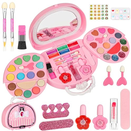 Aomig Barnsmink, set för flickor, 29 delar, tvättbar kosmetisk set 22 färger, prinsessa, makeup, leksak, sminkväska, ålder 4–12, rollspel, leksak, halloween, jul, födelsedag, present för flickor