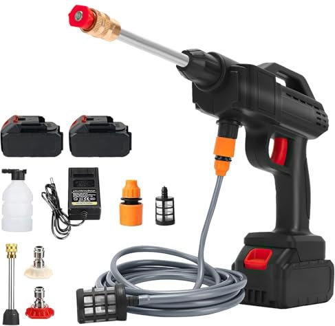 Pistola de Agua a presión, 30Bar Limpiador presión con 2× batería de 6000mAh, Cargador y Manguera 5m, 435PSI Hidrolimpiadora Bateria para Jardín y Coche