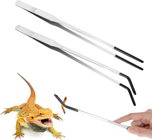 QFGasre 2 Pcs Reptile Feeding Tongs Long Aquarium Tweezers with Rubber Tip 10.6 inch Bearded Dragon Aquarium Straight and Stainless Steel Curved Tweezers Terrarium Feeder Tool for Tanks