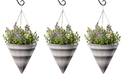 Garden Mile Garden Hanging Flower Basket 14'' Rattan Effect Cone Plant Holder Outdoor Plant Pot Planter with Hanging Chain Wicker Basket Planter Pre- Lined for Easy Planting (3)