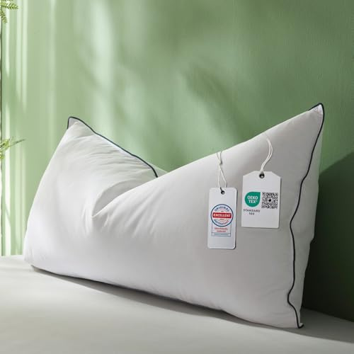 DOWNFOCUS Almohada premium de 40 x 80,100% fibras de plumón naturales y plumas, ergonómicamente optimizada, 3 cámaras, almohada de resistencia media probada por especialistas, certificado Oeko-Tex, 40