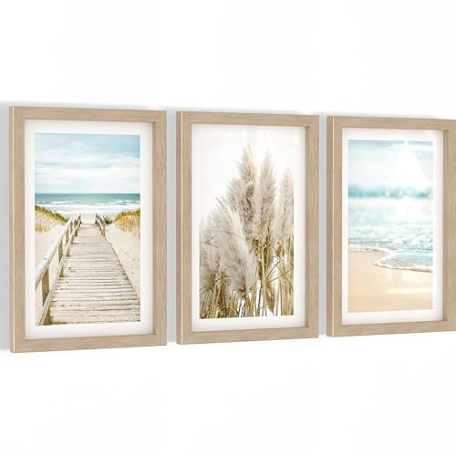 Novart Set di Quadri Biler Meer - Con Cornice - Decorazione da Parete Moderna per Soggiorno e Camera da Letto - 3 Quadri Marini Blu e Beige - N104830aR1
