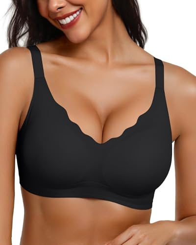 Adisputent Non Wired Bras for Women Wireless Push Up Bra Seamless Comfort Soft Support Bra Scalloped Padded Sports T Shirt Bras Ladies Full Coverage Everyday Bralettes (Black,XXL)