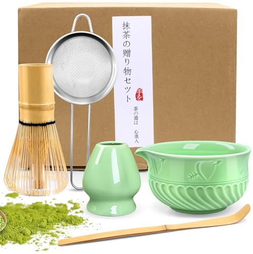 EOPUOZS 5 piezas Matcha set, Juego de té Japonés Premium, Matcha Kit con Batidor Te Matcha Cuchara Te Matcha Soporte de Batidor de Cerámica, para Amantes del té(Verde)