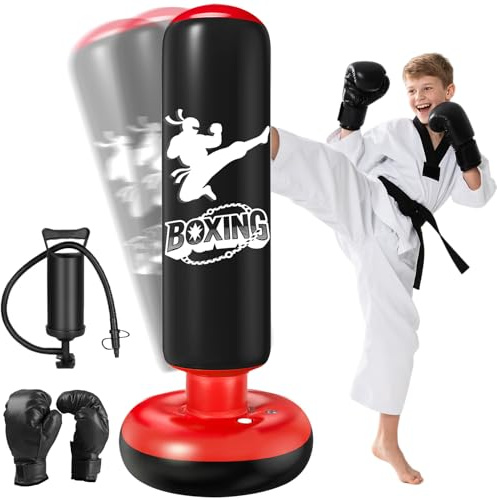 Qoosea Sacco da Boxe per Bambini 6-12 Anni, 160cm Stabile Sacco da Boxe Gonfiabile con Guanti da Boxe, Pratica di Taekwondo Karate Attrezzatura da Allenamento MMA, Regalo per Ragazzi Ragazze