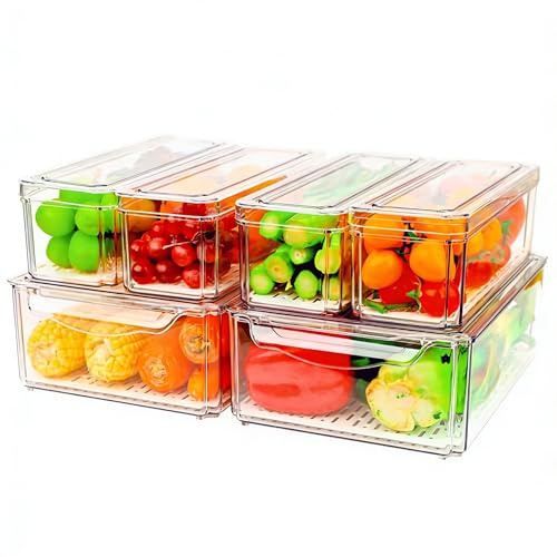 ZIJUND 6 Pack Fridge Organizer, Stackable Refrigerator Organizer Bins with Lids, BPA-Free Fridge Organizers and Storage Containers for Fruit, Vegetable, Food, Drinks, Cereals, Clear