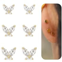 BodyBonita 3 Pares Pendientes Mujere de Espalda Plana - Plata Esterlina 925 Juego de Pendientes Pequeños Chapados en Oro 16K, Estrella CZ Plata Hipoalergenicos Piercing Oreja Oro