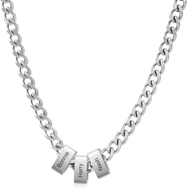 Collana Personalizzata da Uomo Con 1-6 Nomi Catena in Acciaio inossidabile per Papà Marito Fidanzato Regalo Personalizzato per Natale, San Valentino, Festa del papà,Compleanni (bead-3 nome)