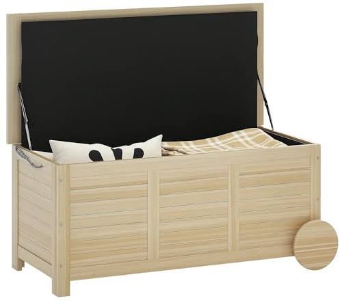 Outsunny Baule da Esterno da 185L con 2 Ruote, Corde di Canapa, Telo Interno e Cerniere in Metallo, Cassapanca Contenitore da Esterno in Legno di Abete 110x50x50 cm Color Legno