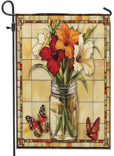 Banderas de jardín de gladiolos de primavera de 12 x 18 pulgadas, de doble cara para exterior, flores, hojas, vidrieras, patio, patio, banderas de lona pequeñas, banderas de arpillera floral para