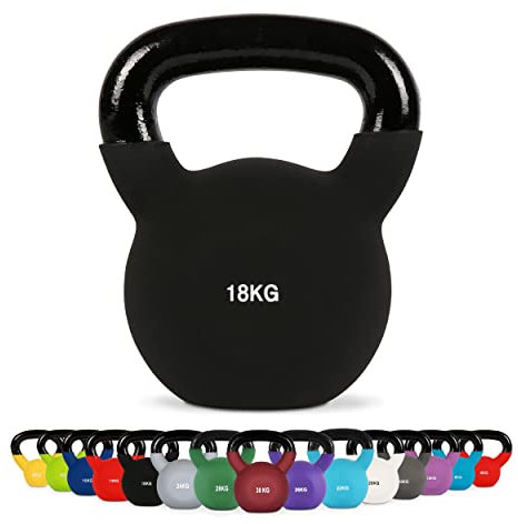 Kettlebell Neopren 2 – 30 kg inkl. Übungsposter (18 Kg - Schwarz) Kugelhantel