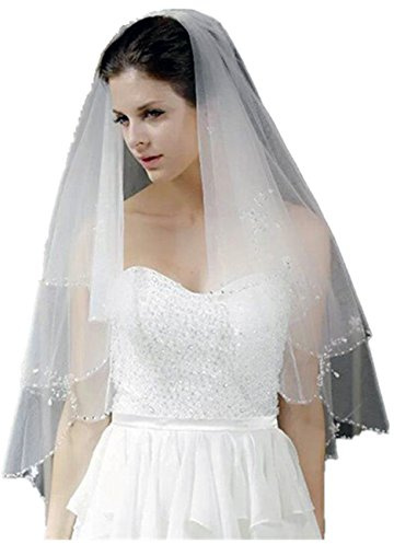 LianShi voile de mariée nuptiale multi-niveaux décorée de paillettes et perles 70CM (Blanc beige)