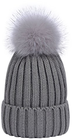 LAUSONS Gorros Tejidos de Invierno para Mujer Gorros de Punto de canalé con pompón de Piel sintética de Quita y pon Gris