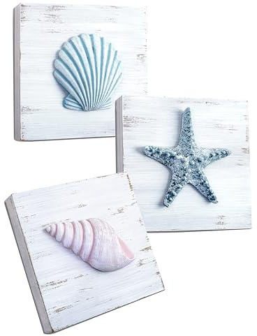 Tide and Tales 3D Beach Wall Art - Seashell with Starfish for Coastal Bathroom Decor, Ocean Inspired Decor for Bathroom, Coastal Bedroom, Living Room or Beach House, Set of 3 (6”x 6”)