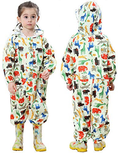 JinBei Rainsuit Kids Raincoat Hooded Rainwear Lightweight Puddle Suits Girls Boys Yellow Onesie Waterproof Animals Dinosaur Pattern Portable Breathable PVC Transparent Hat Brim Zipper 1-3 Years
