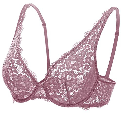 DOBREVA Damen Spitzen BH Sexy Bralette mit Bügel Minimizer ohne Einlagen Orchideenrose 80B