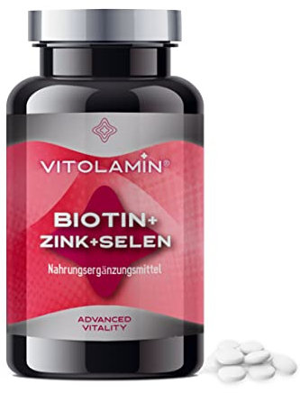 Biotina + Zinc + Selenio | VITOLAMIN® | 365 Comprimidos Veganos (1 al día) | Biotina 10.000 µg | Vitaminas para el Crecimiento del Cabello, Cuidado de la piel y las Uñas
