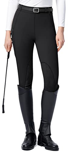 SANTINY Women's Horse Riding Pants with Zipper Pockets Knee-Patch Schooling Tights Equestrian Breeches for Women (Black_M)