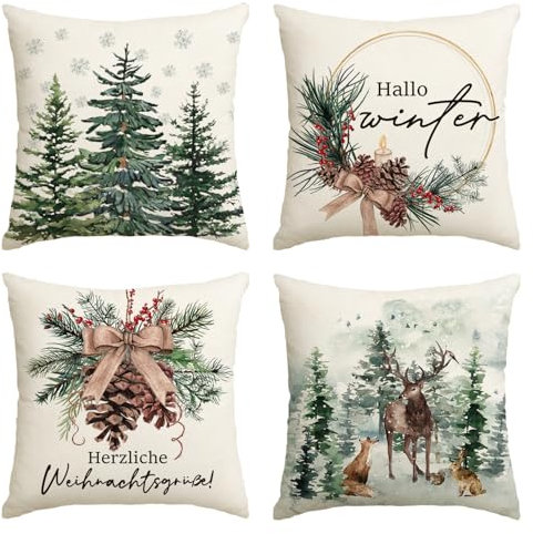 Artoid Mode Holly Kiefernzapfen Rentier Baum Herzliche Weihnachten Kissenbezüge 4er Set, 45x45cm Hallo Winter Zierkissenbezug Couch Wohnzimmer Deko