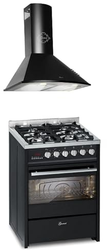 GURARI Gas-Standherd 60 cm Gasherd mit Elektrobackofen 60 L, GCH E 610 BL+GCH 046 BL 6, Erdgas/Propangas, Range Coocker mit Dunstabzugshaube 60 cm, Schwarz, Saugstark 1000m³/h
