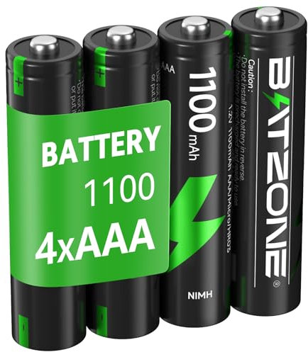 BATZONE 4 x AAA Rechargeable Batteries, Ni-MH 1100mAh High Capacity aaa Battery, 1200 Tech Ni-MH Batteries, Low Self-discharge 1.2V rechargeable batteries, with Battery Protection Box