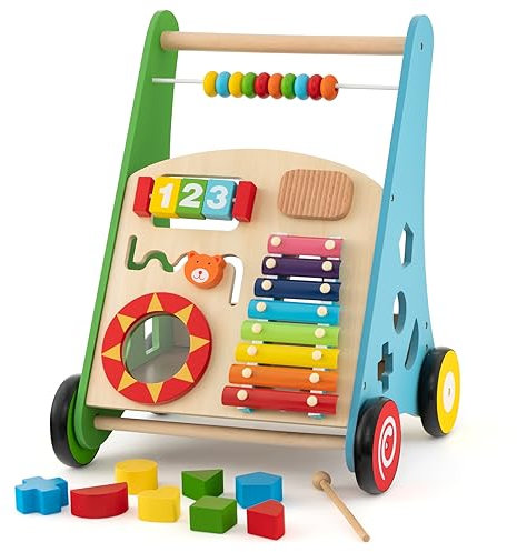 DREAMADE Lauflernwagen Holz, Lauflernhilfe ab 1 Jahr, Baby Gehhilfe mit Spiegel & Spielzeug, Gehfrei Baby Holzspielzeug für Jungen & Mädchen (Modell 3-Blau)