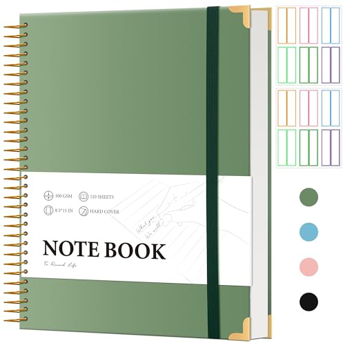 Large Spiral Notebook College Ruled with Tab Stickers A4 Notebooks for School Supplies Hardcover Spiral Notebook 8.5 x 11 Journal Note Book for Work Note Taking Women Men Writing, 220 Pages, Green