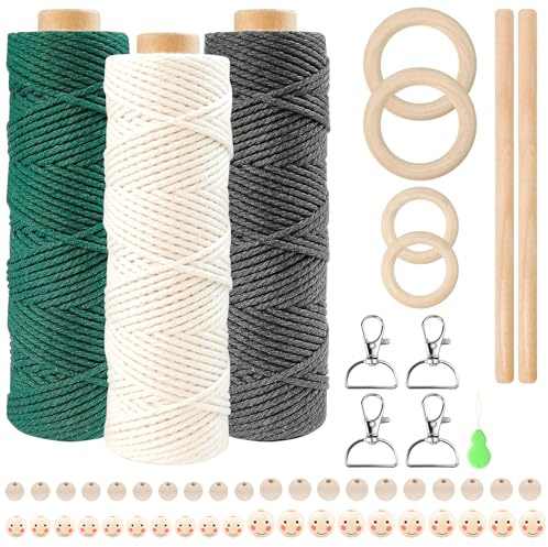 CoKeeSun 3 Rolls Macrame Kit, 2mm x 60m/roll Macrame Cord, 180m Natural Cotton Rope with Wood Rings, Sticks, Beads, Keyrings for Wall Hangings DIY Crafts Home Decorations (Beige, Dark Green, Grey)