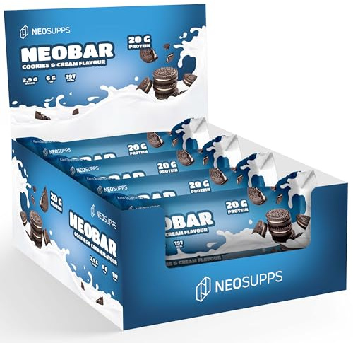 Neosupps Proteinriegel Neobar Cookies & Cream – 12 x 60 g, 21 g Protein, nur 0,8 g Zucker, Low-Fat, in verschiedenen Geschmäckern erhältlich, Made in Germany – Fitness Snack
