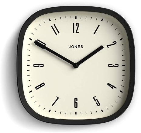 Jones Clocks® Marvel wall clock | Retro rounded square clock | 25cm | Black | Cool modern designer look for kitchen, living room or office
