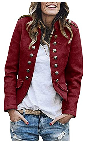 Sweatblazer dam militär – ulljacka elegant kostymjacka kort kavaj med knappar fram blazer höst sommar övergångsjacka ståkrage kofta affärskostym damblazer kort blazer, röd, XXL