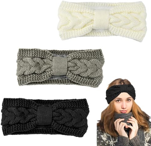 NAROSEBE 3 Pcs Diadema de Invierno para Mujer diademas de Tela Ancha Diseño de Lazo 3 Color Diademas de Otoño Diademas Tejidas Anchas Calentador de Orejas Invierno Para Mujer(Negro, Gris, Blanco)