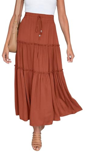 EMOTTOS Falda Larga Elástico Mujer, Faldas Largas Bohemio Cintura Alta Elegantes con Cordón, Falda Plisada Mujer con Volante en Colores Sólidos Casual Verano, Naranja L