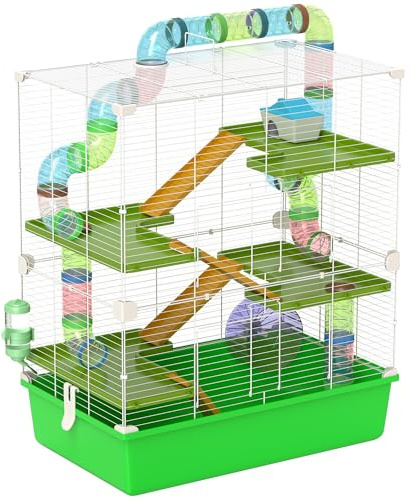 PawHut 5 Tier Hamster Cage, Gerbil Cage with Exercise Wheel, Feeder Bowl, Tube, Water Bottle, 59L x 36W x 69H cm - Green