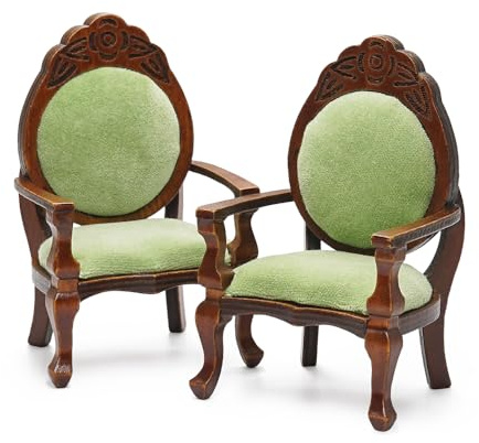 Odoria Casa delle Bambole Sedia Miniatura: 1/12 Scala Poltrona per Ufficio Soggiorno e Salotto Vittoriano Vintage - Mini Poltroncina di Lusso Camera da Letto Mobili Legno Verde 2 Pezzi