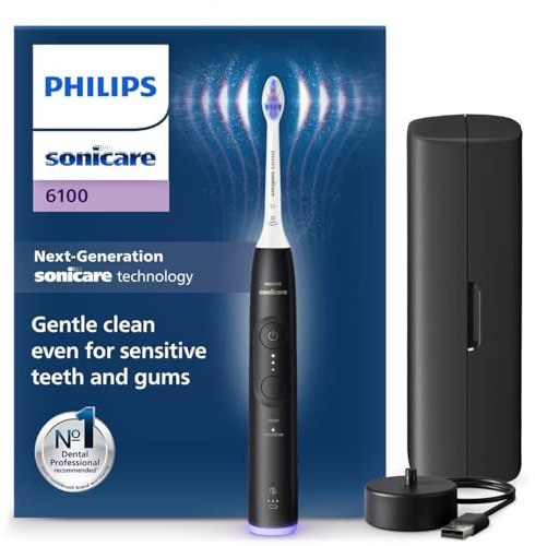 Philips Sonicare 6100 - Brosse à dents électrique sonique avec 2 modes de brossage et 3 niveaux d'intensité, Alerte de pression, EasyStart, SmarTimer, Noir, modèle HX7401/07 [Nouvelle technologie]