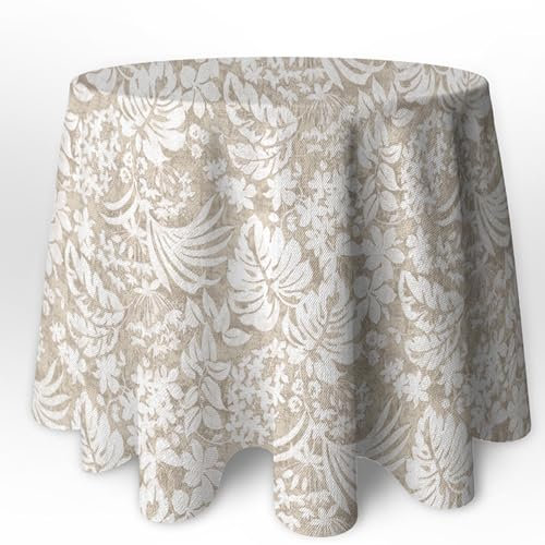 LaFábricadelasTelas - Falda o Ropa de Mesa Camilla Redonda Flores y Hojas Color Natural Primavera Verano Loneta Estampada algodón, Faldón Faldilla enagüilla (Beige, 90 cm diámetro)