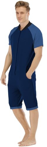 QIYUANT Combinaison Pyjama Court Hommes Grenouillères a Capuche Manches Courtes Short Été Confortable Zippé Adulte Une Piece Homewear Onesie Survêtement