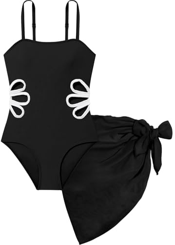 Fjquamitix Girls Swimming Costume with Cover Up Skirt, Cut Out Girls One Piece Swimsuit Beach Bathing Suit Adjustable Straps Black