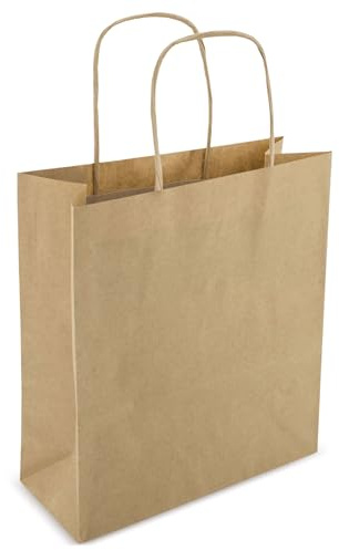 Pack de 50 Bolsas de papel kraft grandes con asas 25 x 31 x 11 cm bolsas para regalos. Bolsas para comercios, para ir a la compra de papel biodegradable, reutilizables ideales para regalar. (MARRONES)