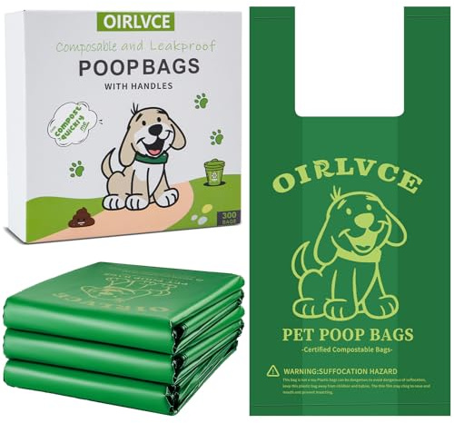 OIRLVCE 300 Dog Poo Bags with Handles, Extra Thick Strong 100% Leak Proof Dog Waste Bags, Green
