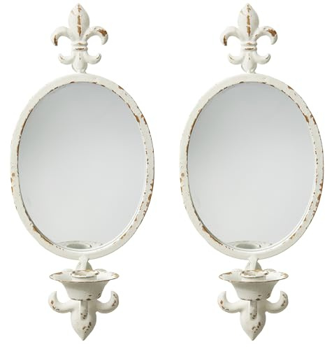 Sintosin Lot de 2 bougeoirs muraux en métal blanc antique vintage avec miroir pour décoration murale shabby chic pour salon et chambre à coucher